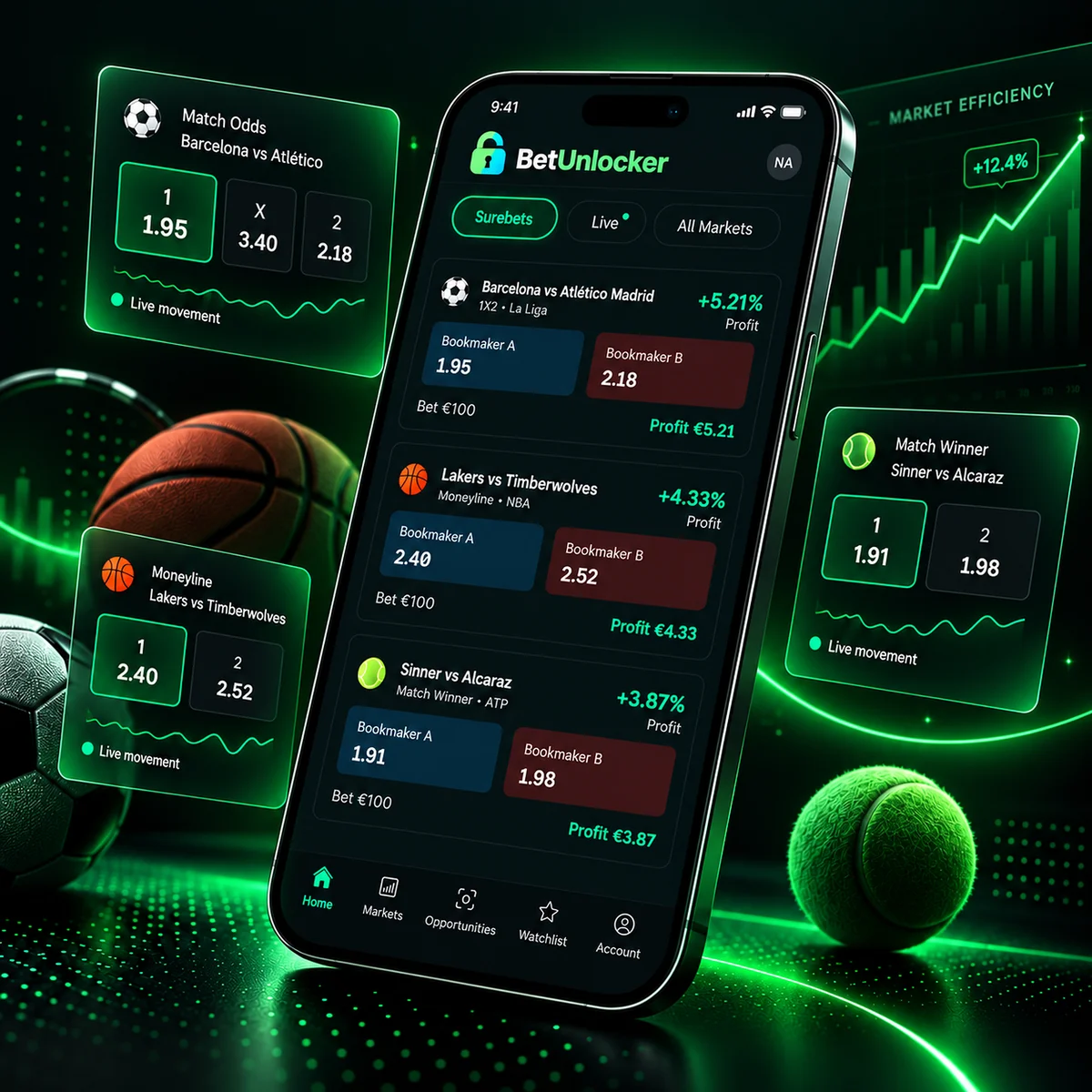 BetUnlocker app preview showing live surebet opportunities across football, basketball and tennis