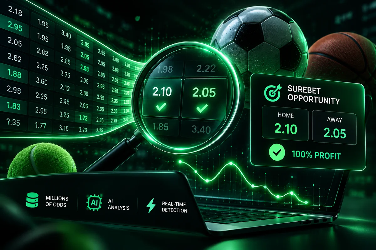 Illustration of a magnifying glass matching surebet odds across bookmakers on a laptop screen