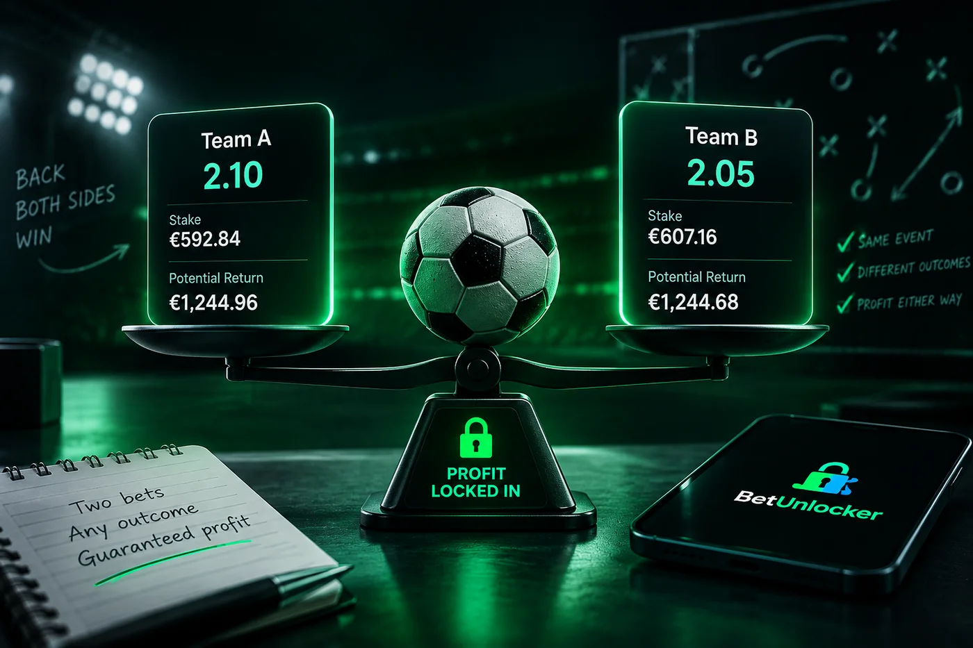 A back-both-sides scale showing a surebet locking in a guaranteed profit whichever team wins